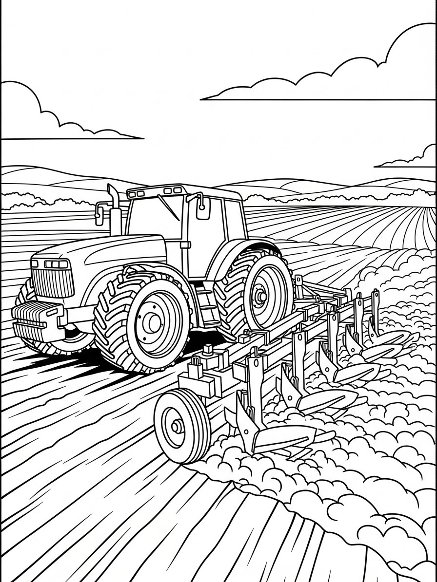 Desenho de Trator agrícola na lavoura para colorir