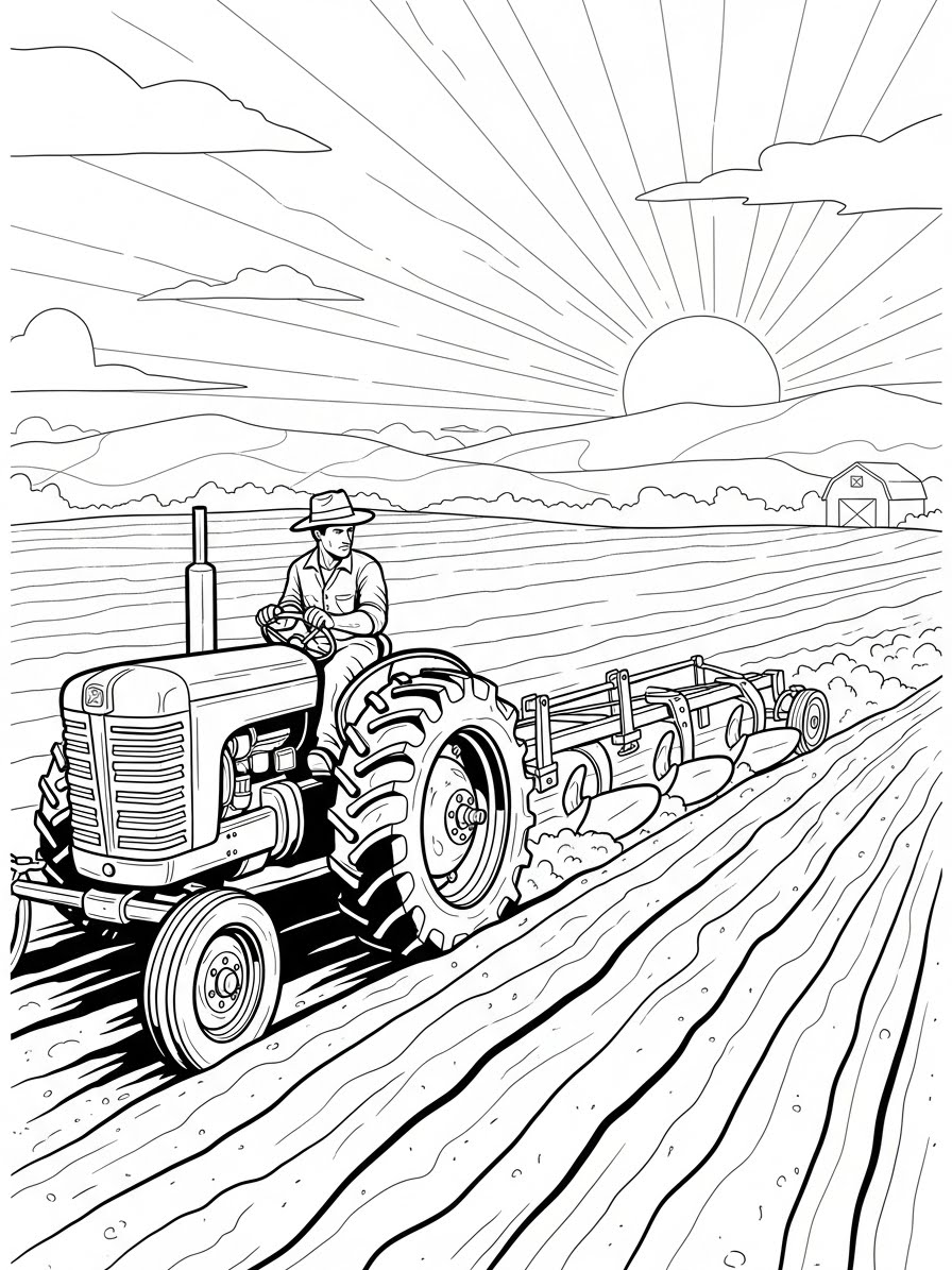 Desenho de Trator na lavoura com céu ao fundo para colorir