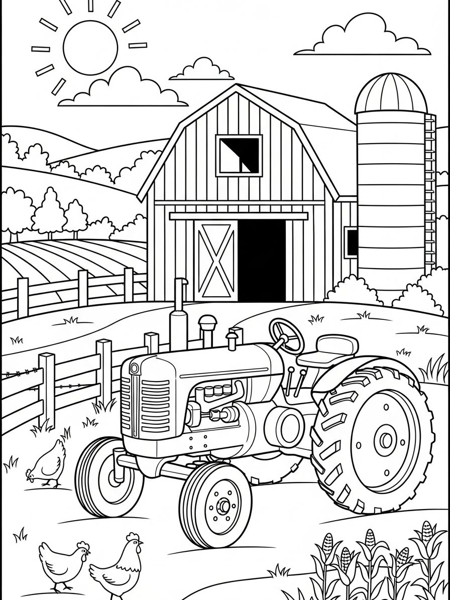 Desenho de Trator na fazenda para colorir