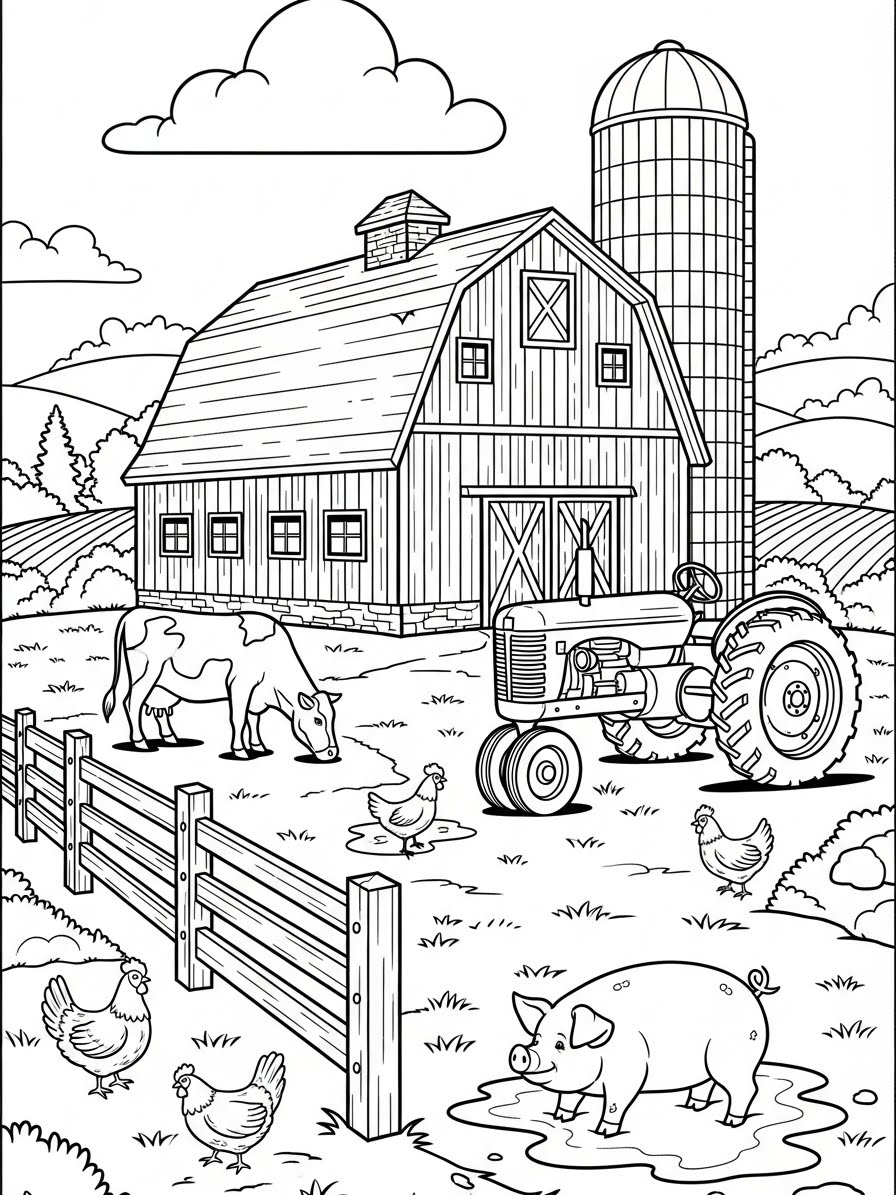 Desenho de Trator com Fazenda e Animais para colorir