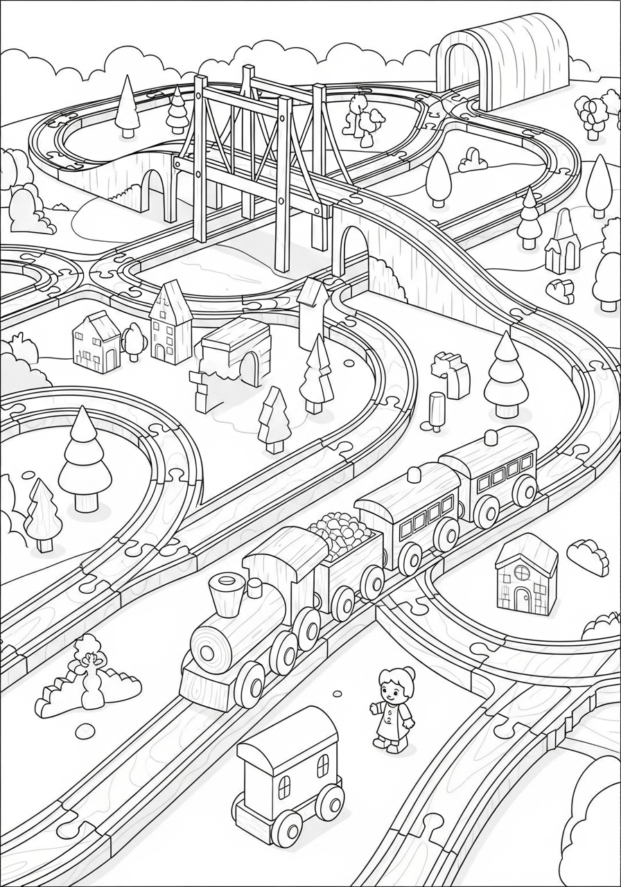 Desenho de Comboio em uma paisagem com trilhos