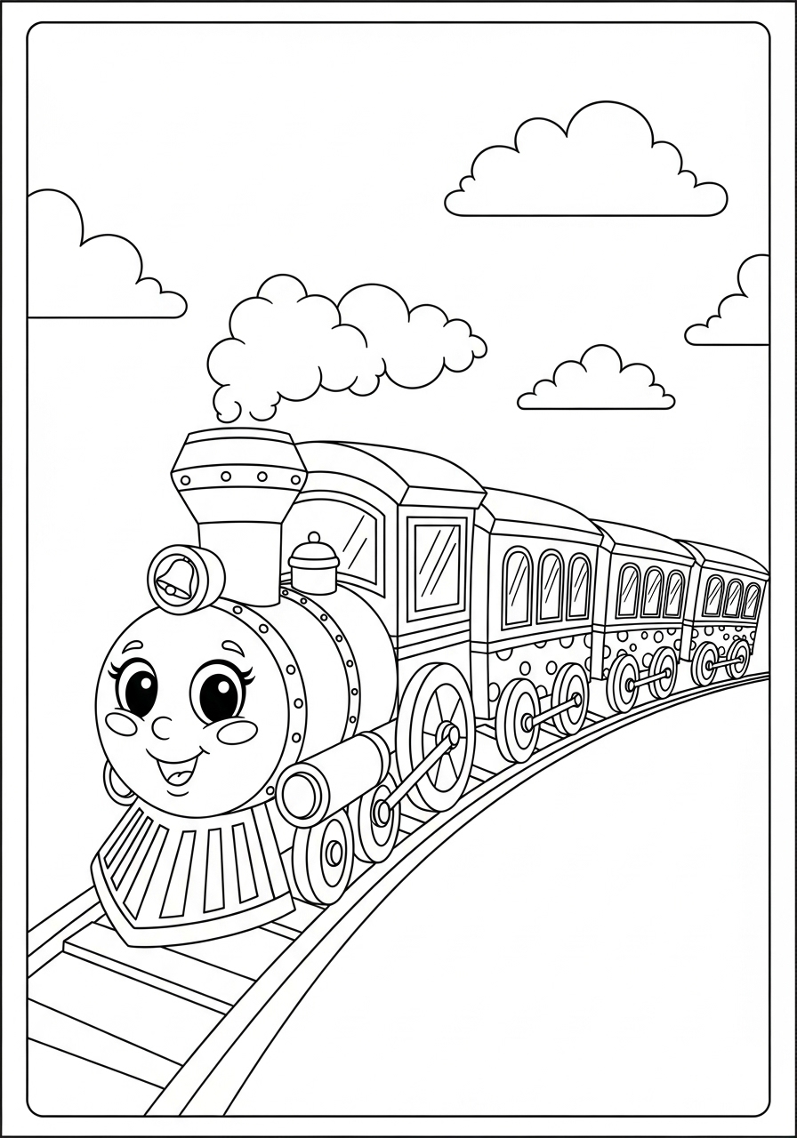 Desenho do Trem Fofo em um trilho para colorir