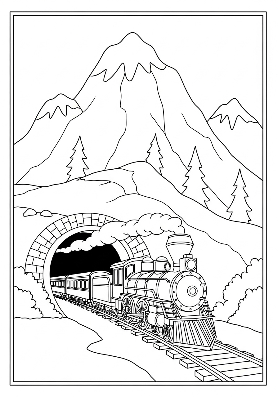 Desenho de Trem no túnel com montanhas para colorir