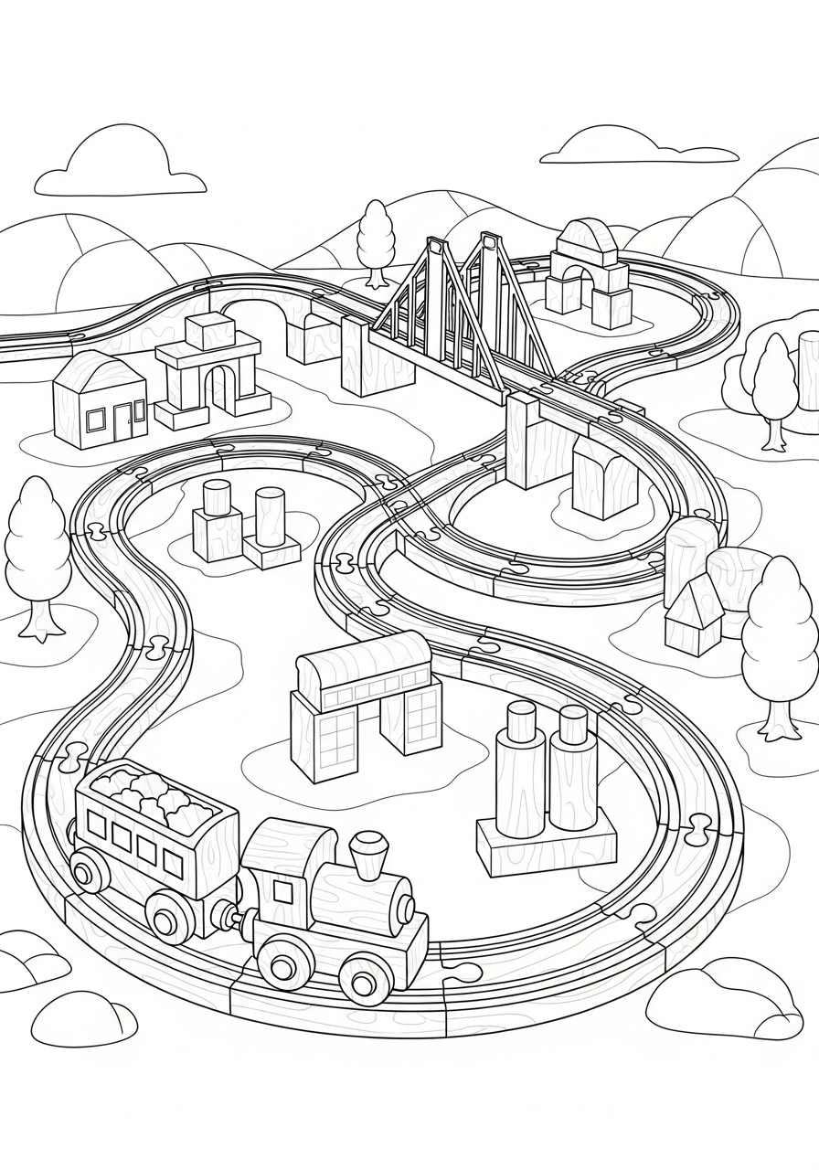 Desenho do Trem em uma paisagem para colorir
