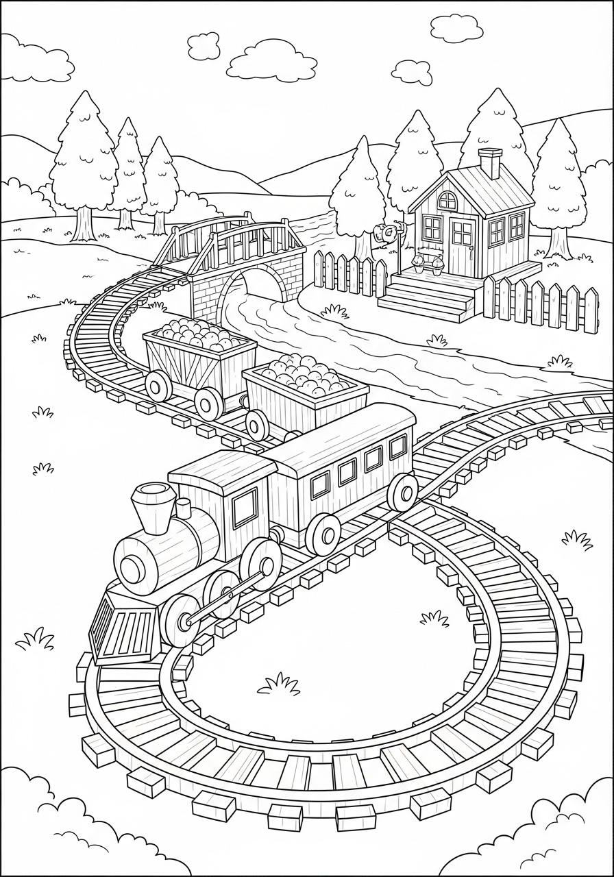Desenho do Trem com Vagões e Paisagem para colorir