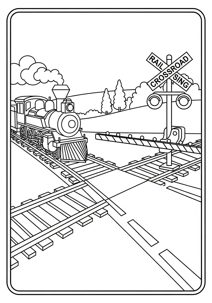 Desenho de um trem passando por um cruzamento para colorir
