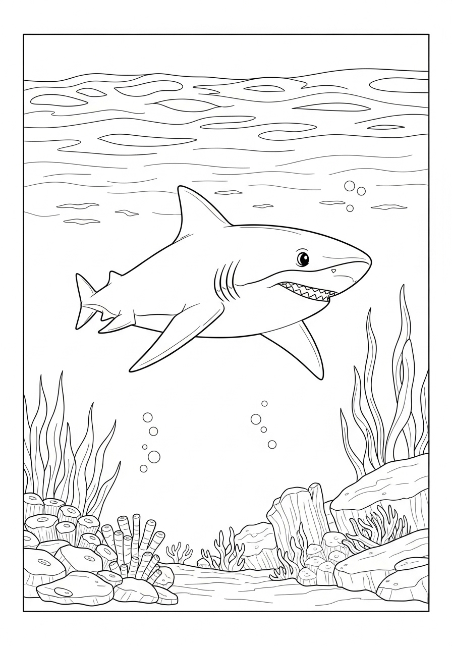 Desenho Tubarão sorrindo nadando no oceano para colorir
