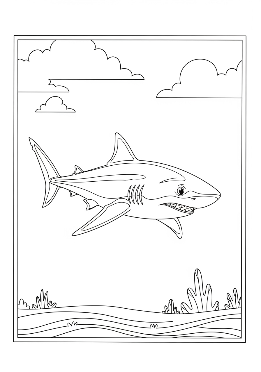 Desenho de Tubarão nadando com plantas marinhas para colorir