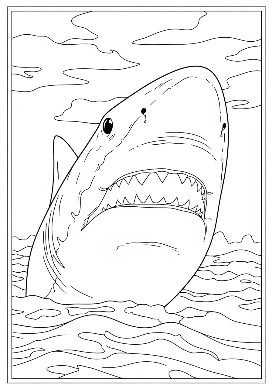 Desenho de Tubarão realista surgindo da água para colorir