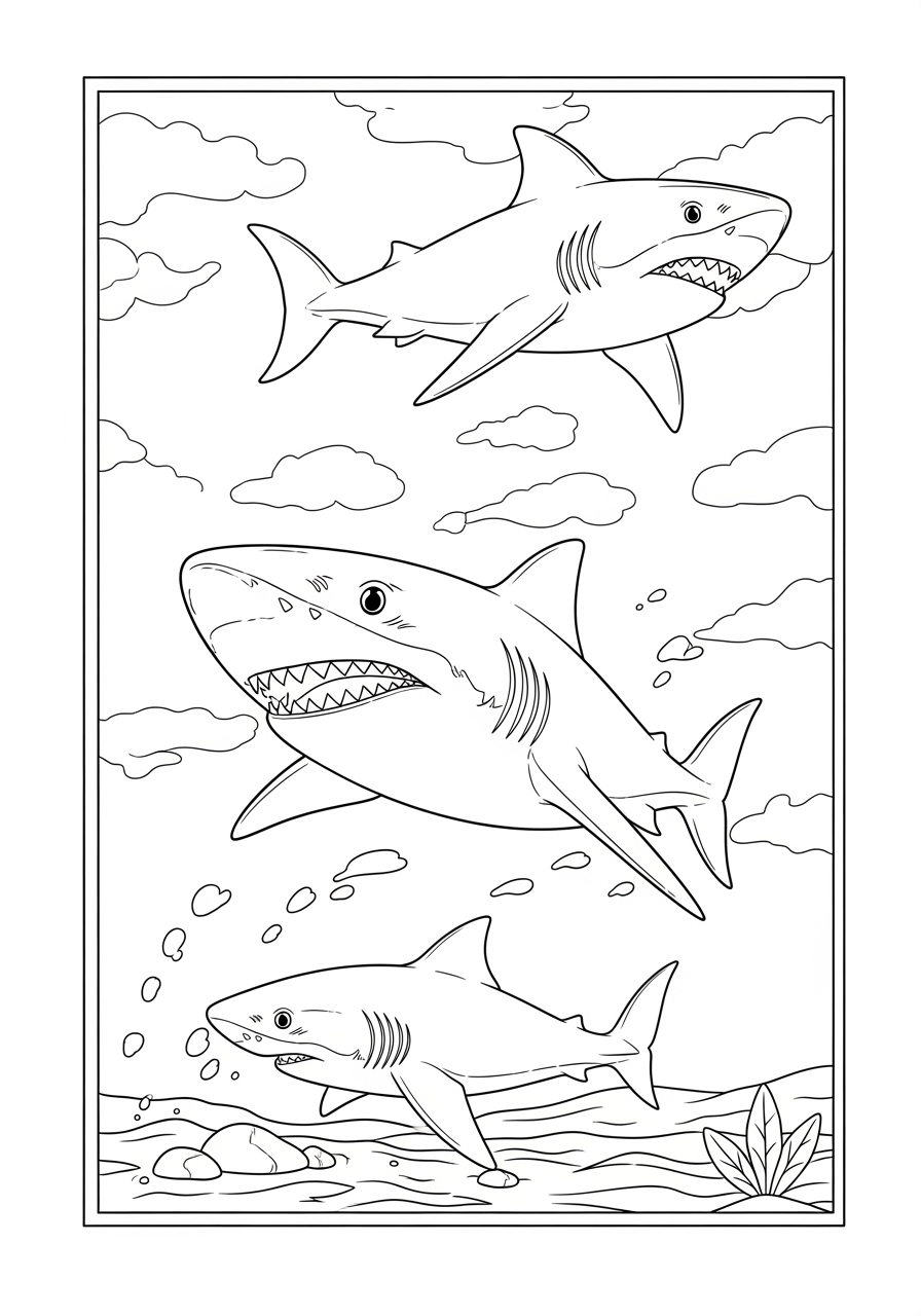Desenho de Tubarões realistas no oceano para colorir