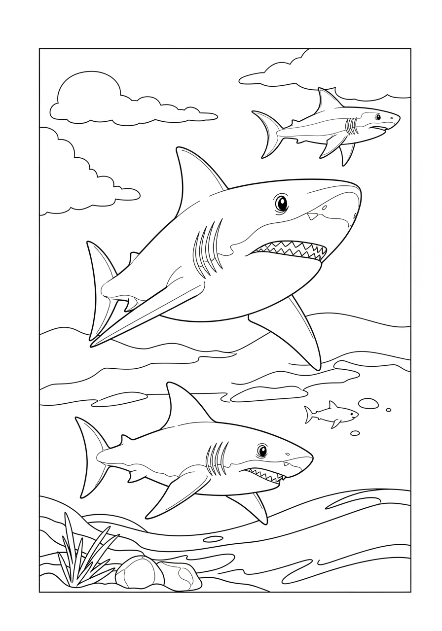 Desenho de Tubarão realista com amigos para colorir