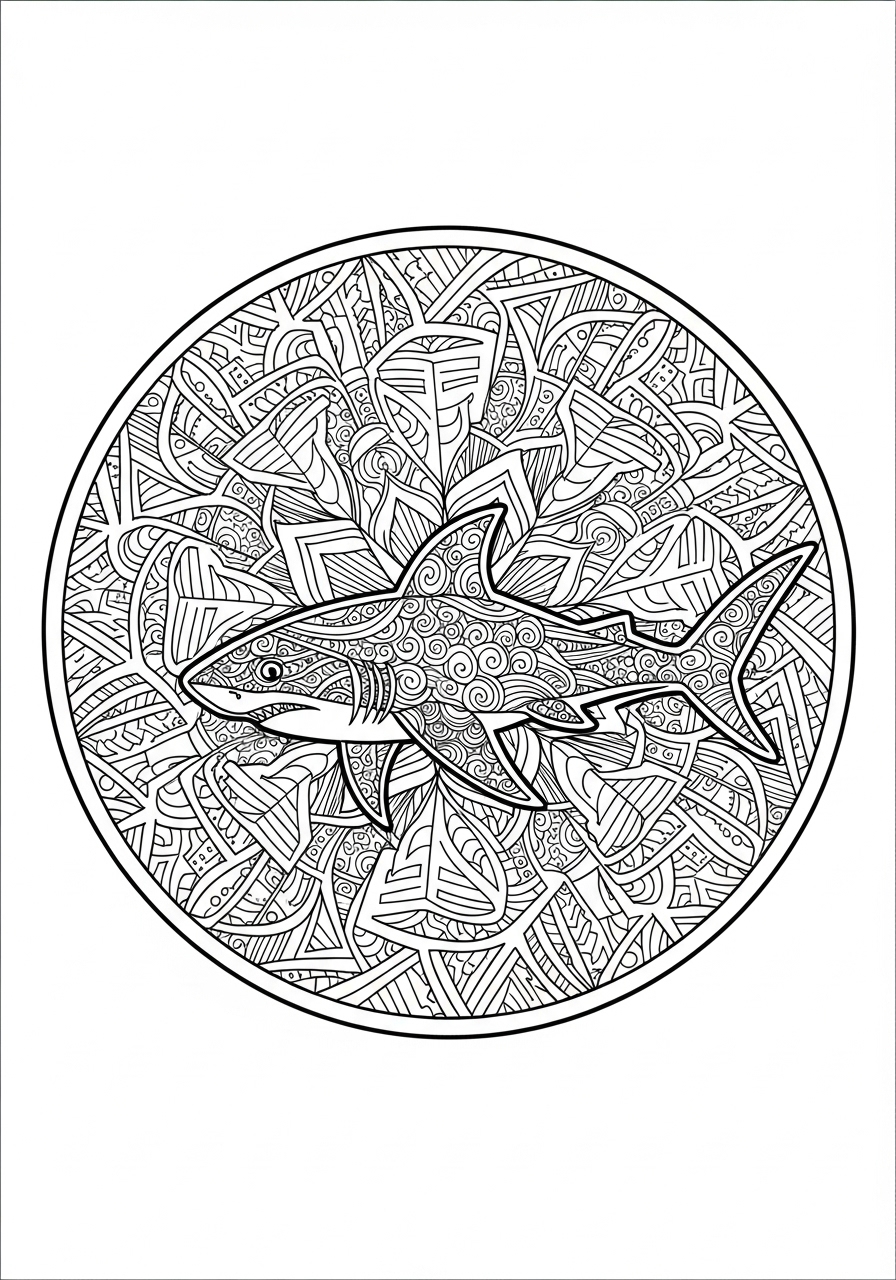 Desenho de Tubarão detalhado em mandala para colorir