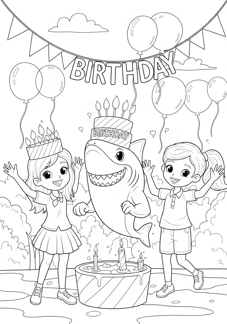Desenho de Tubarão festa aniversário para colorir