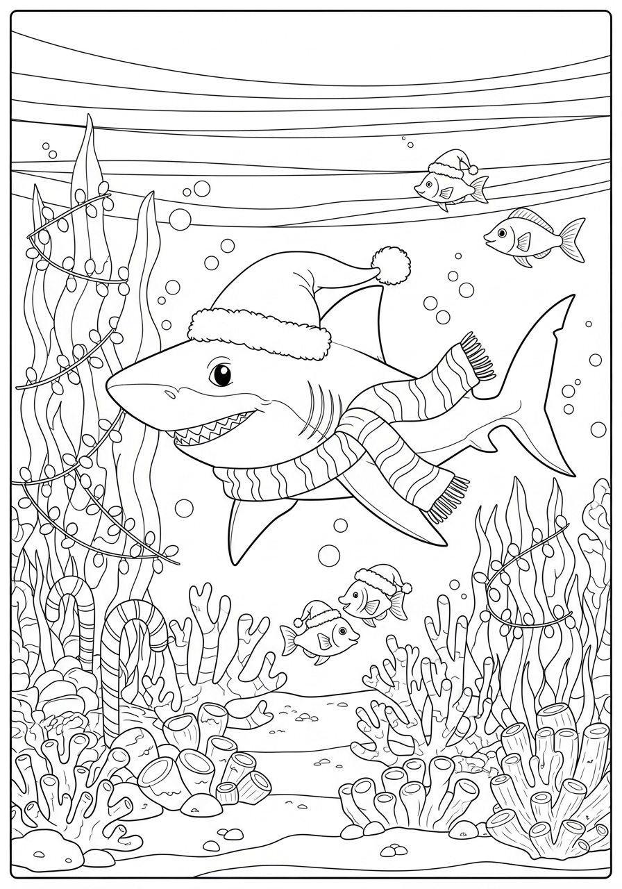 Desenho de Tubarão feliz com gorro para colorir