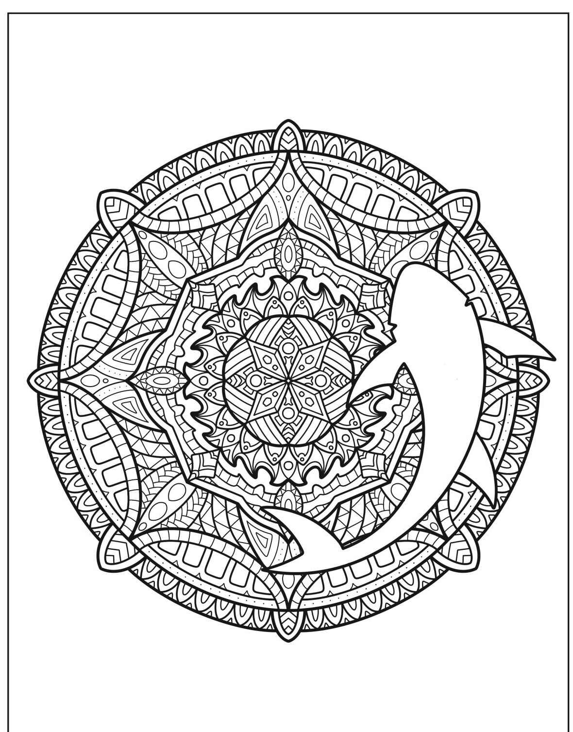 Desenho de Tubarão com mandala para colorir