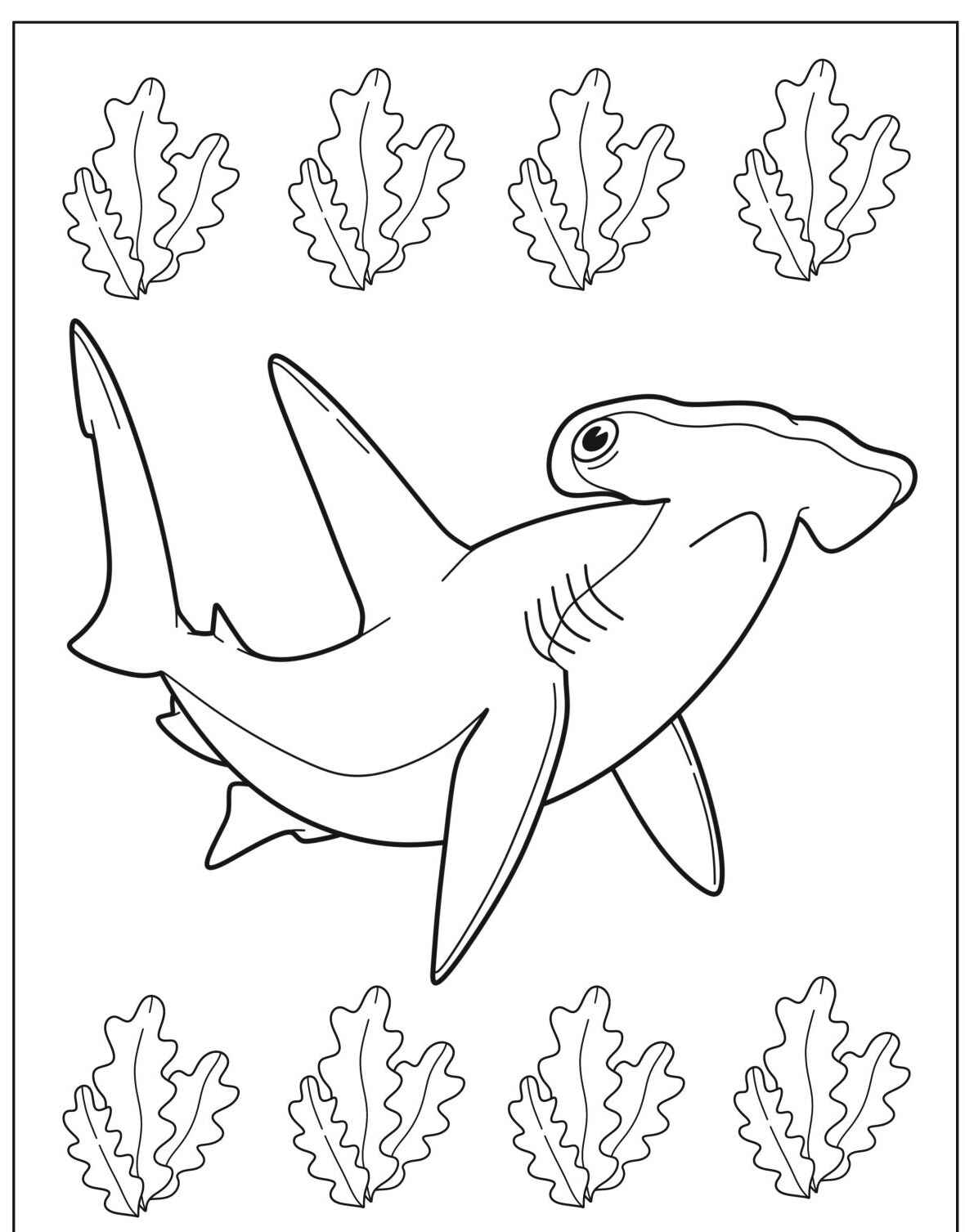 Desenho de Tubarão Martelo com algas para colorir