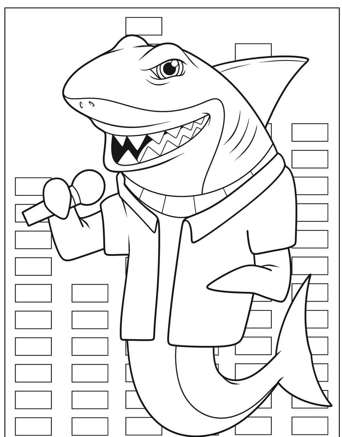 Desenho de Tubarão cantando com microfone para colorir