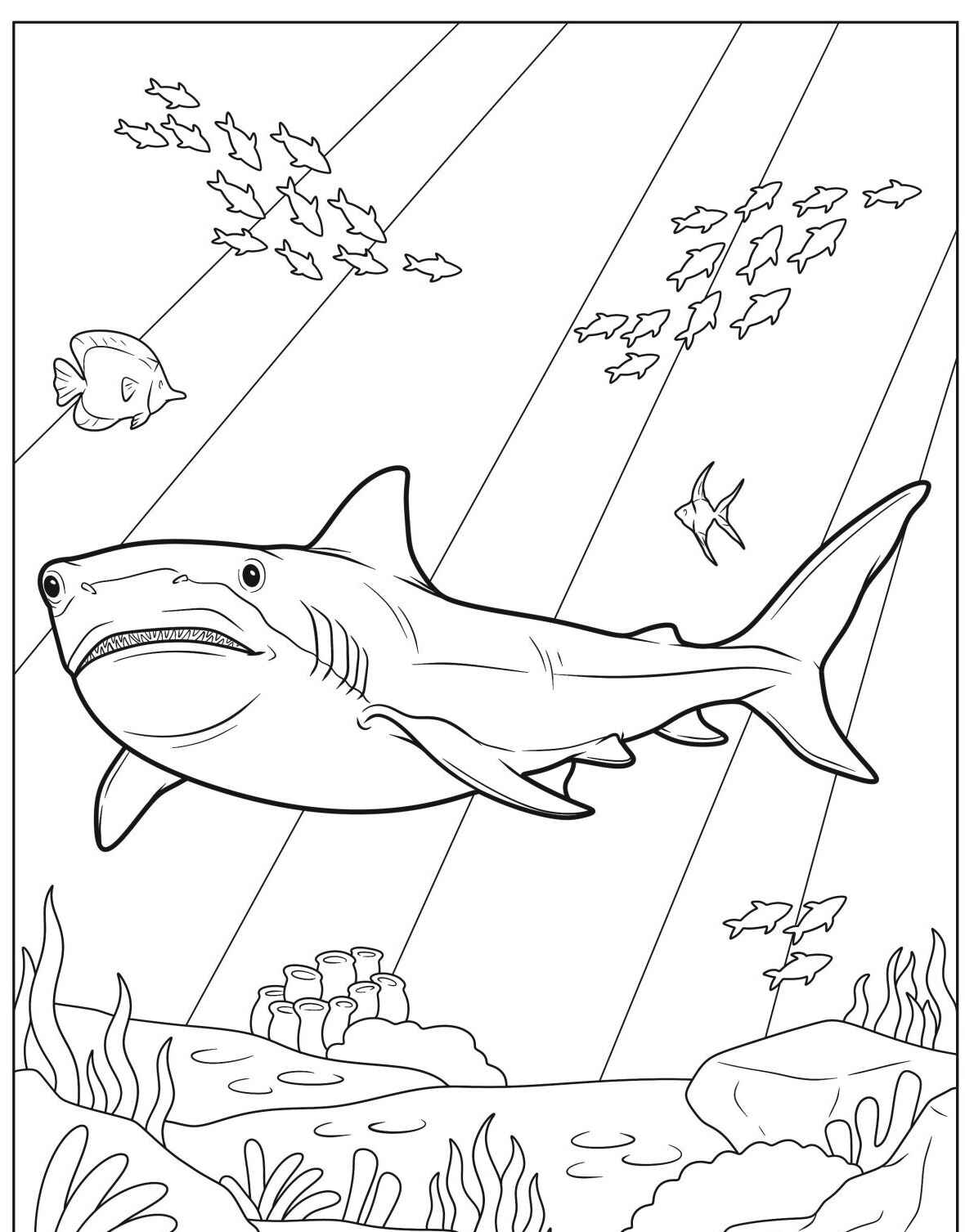 Desenho de Tubarão realista no oceano para colorir