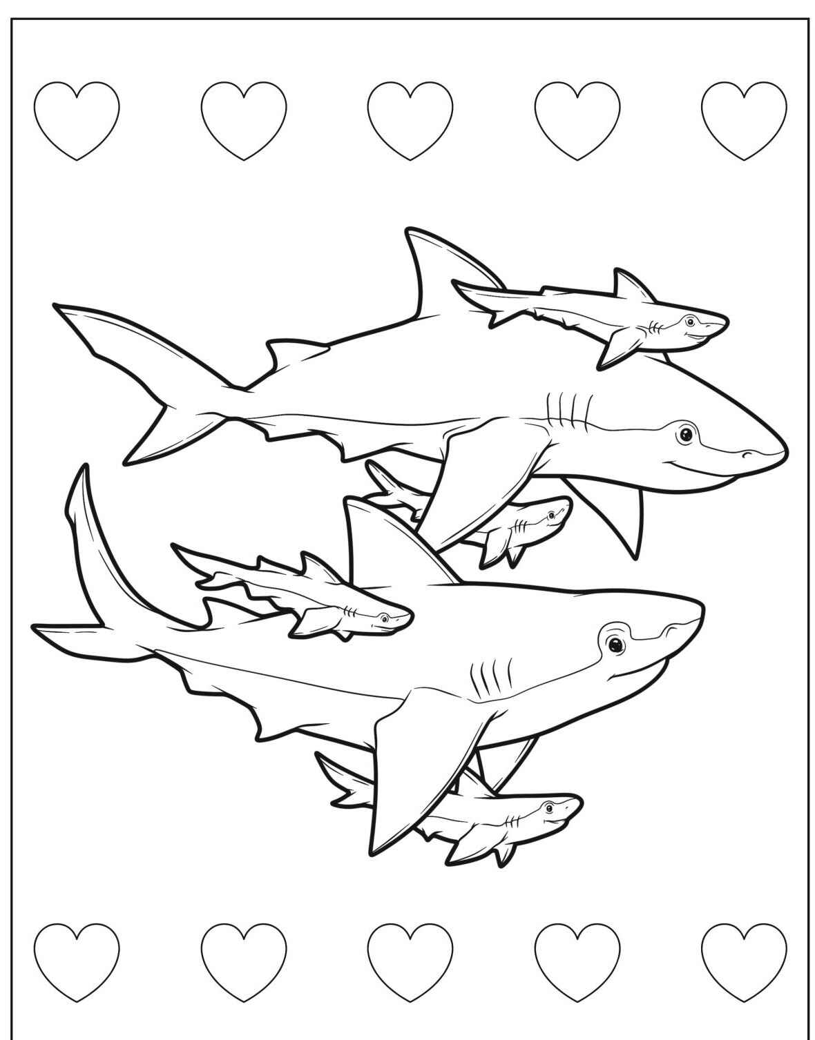 Desenho de Tubarão com filhotes e corações para colorir