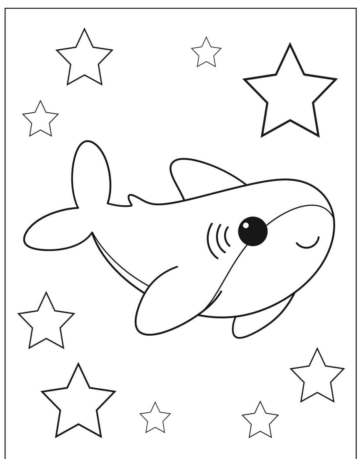 Desenho de Tubarão fofo cercado por estrelas para colorir