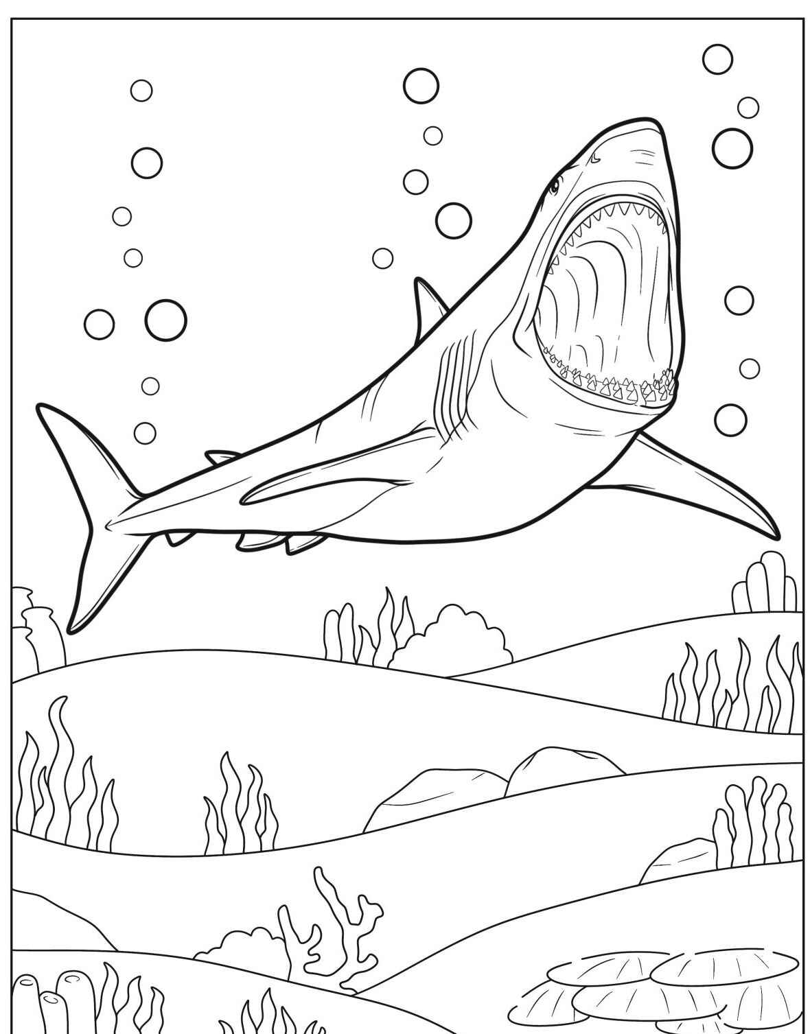 Desenho de Tubarão gigante com a boca aberta para colorir