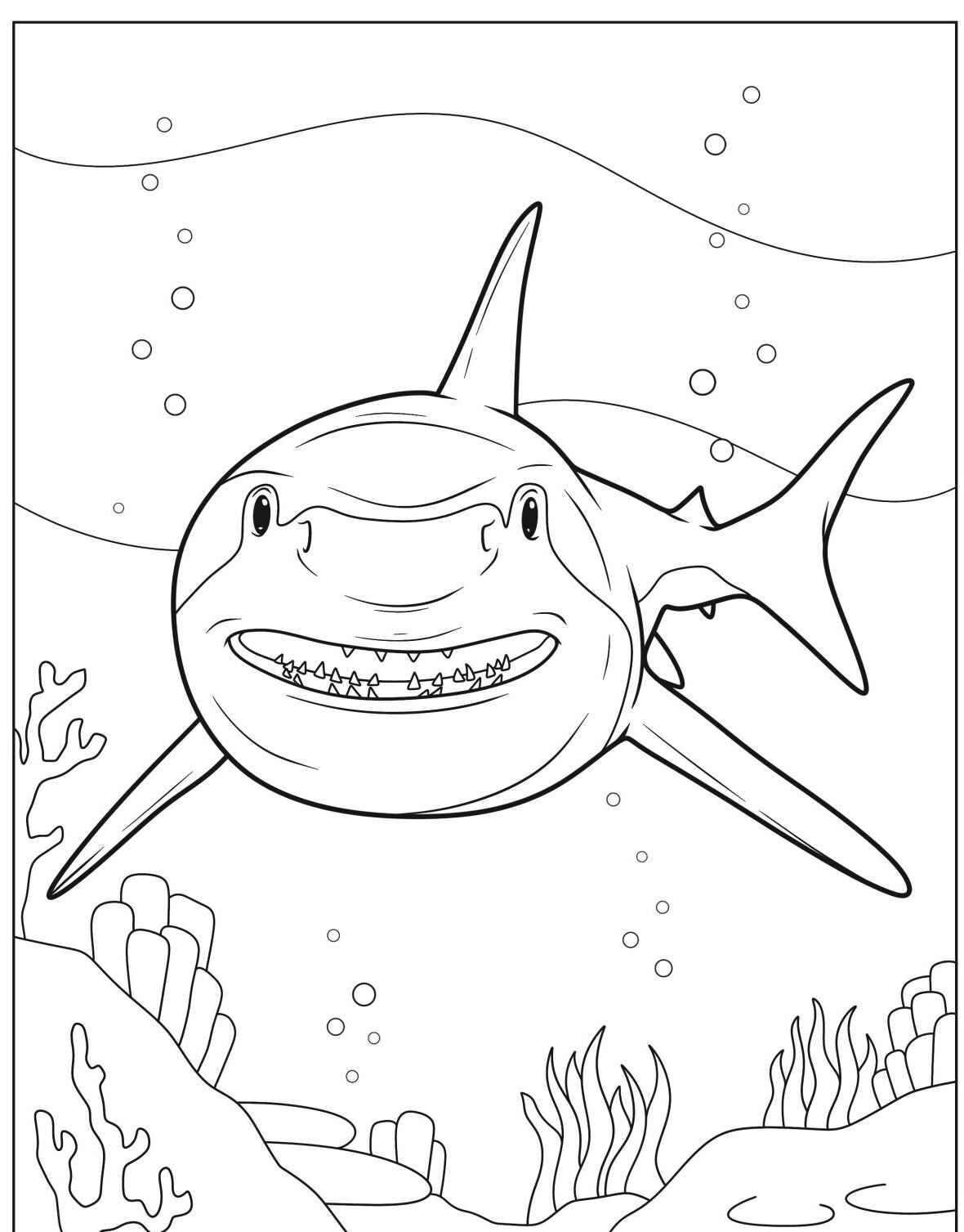 Desenho de Tubarão sorridente no oceano para colorir