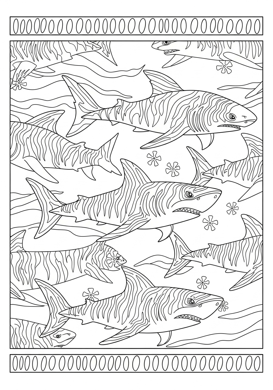 Desenho de Tubarão realista em grupo para colorir
