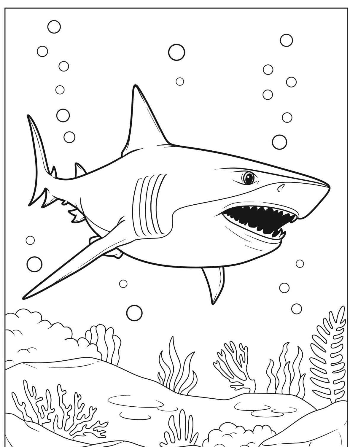 Desenho de Tubarão sorridente no oceano para colorir