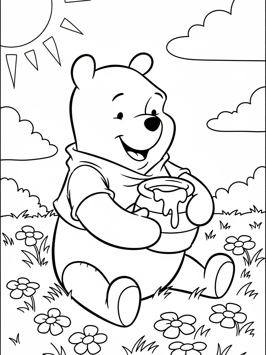 Desenho do Ursinho Pooh com pote de mel para colorir