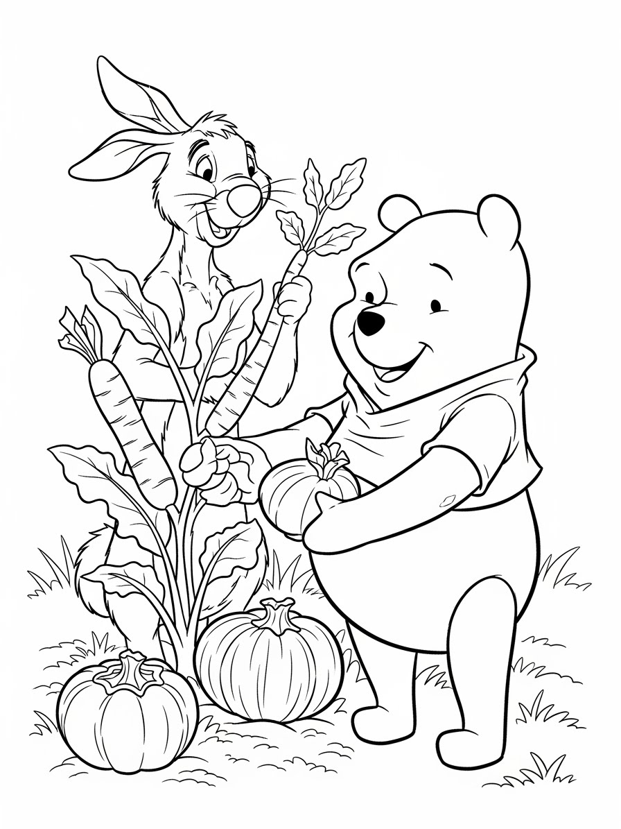 Desenho do Ursinho Pooh colhendo cenouras para colorir