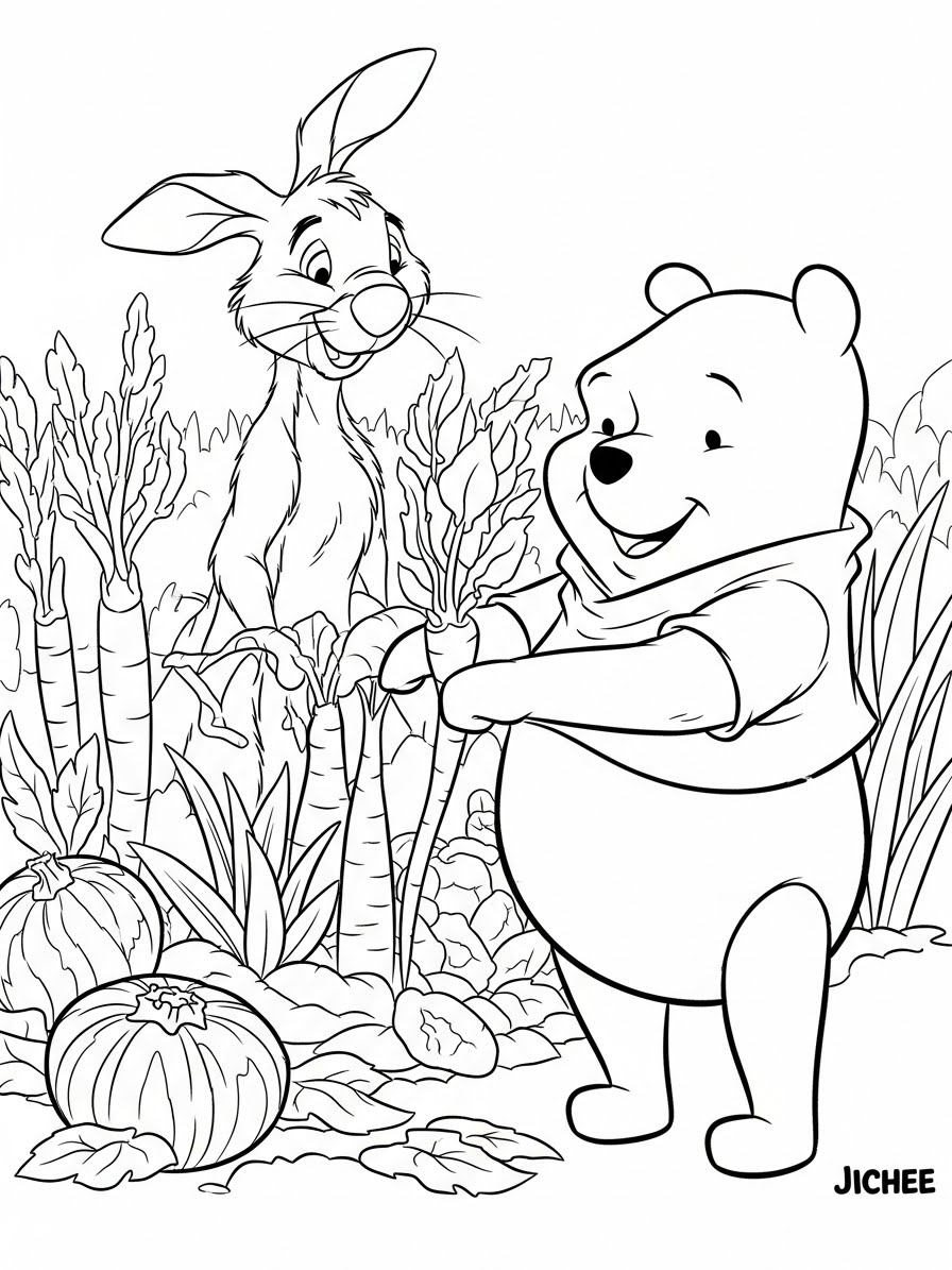 Desenho do Ursinho Pooh colhendo cenouras para colorir