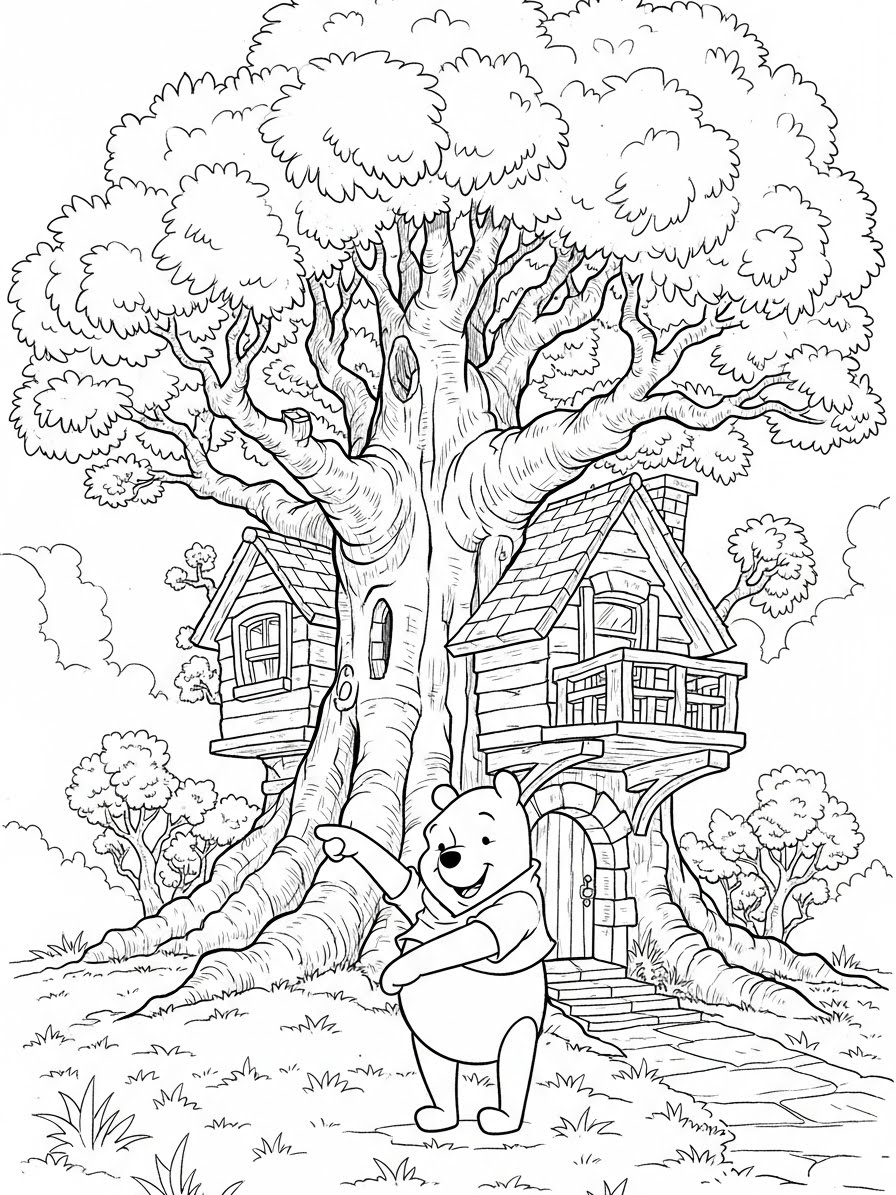 Desenho do Ursinho Pooh com a casa embaixo da árvore
