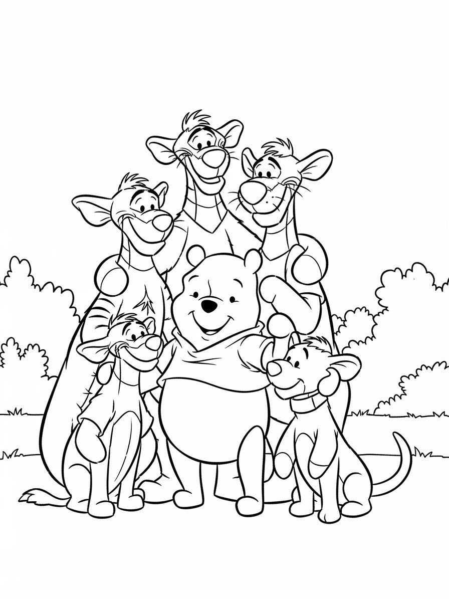 Desenho do Ursinho Pooh com seus amigos para colorir