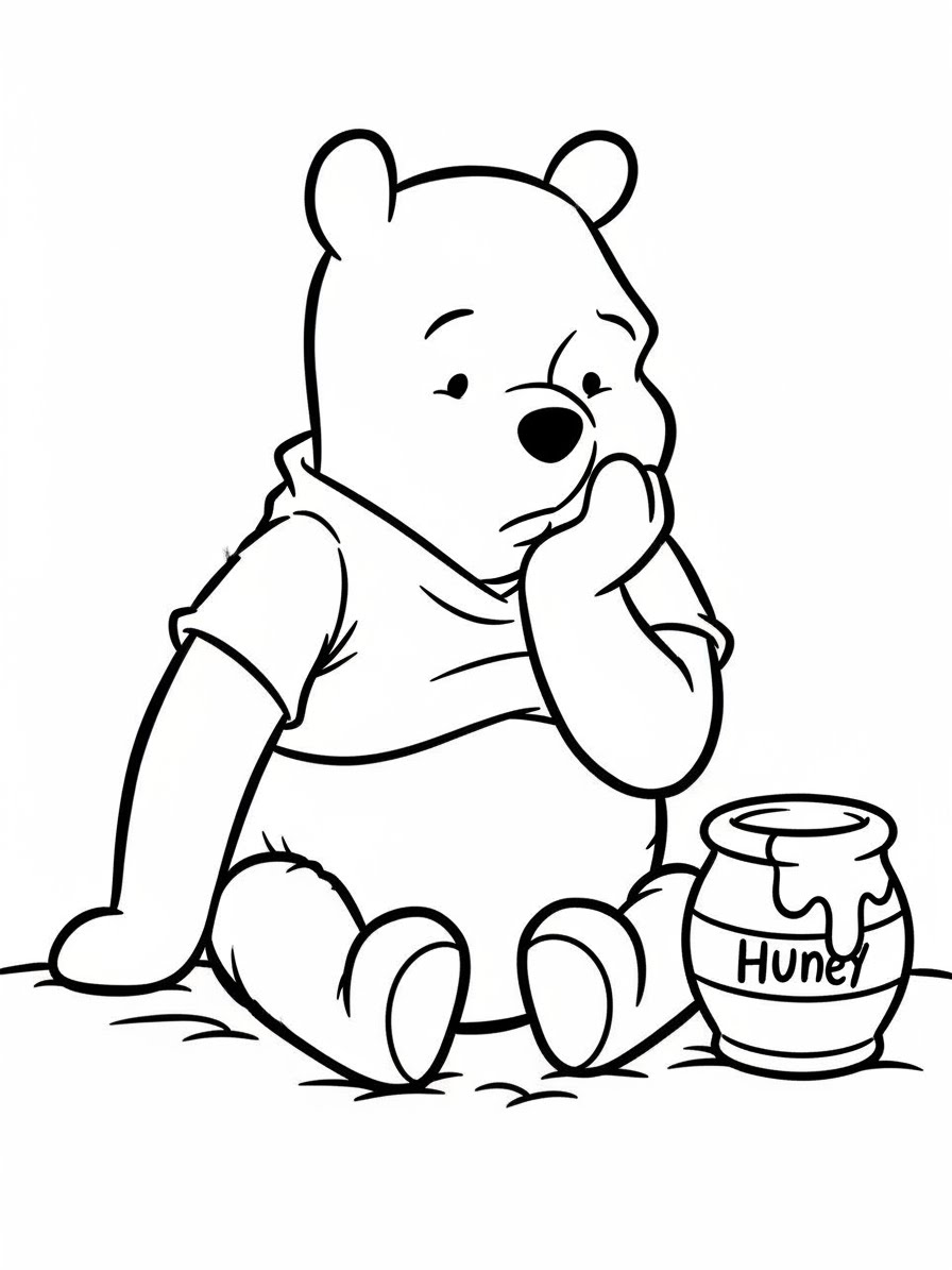 Desenho do Ursinho Pooh pensando com pote de mel para colorir