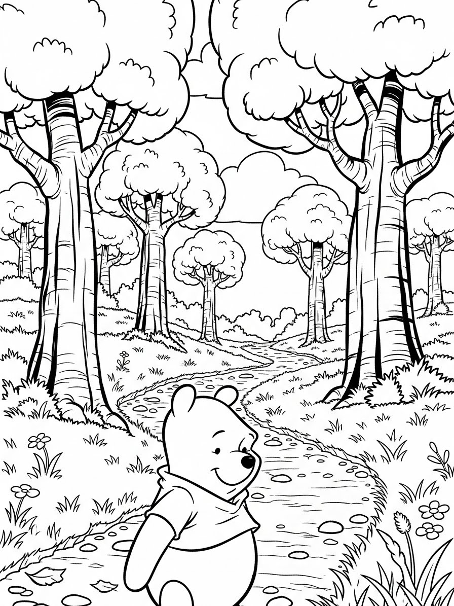Desenho do Ursinho Pooh caminhando em um bosque para colorir