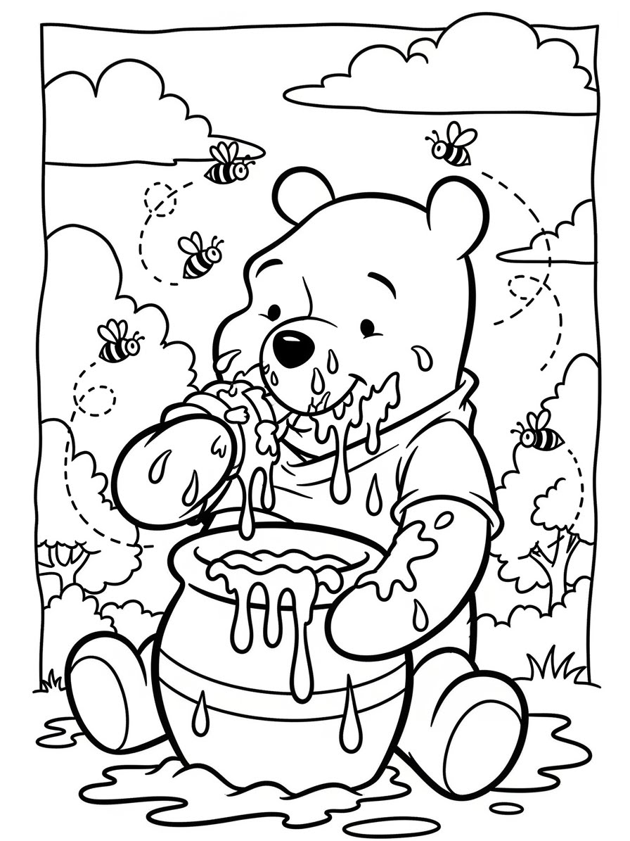 Desenho do Ursinho Pooh com mel para colorir