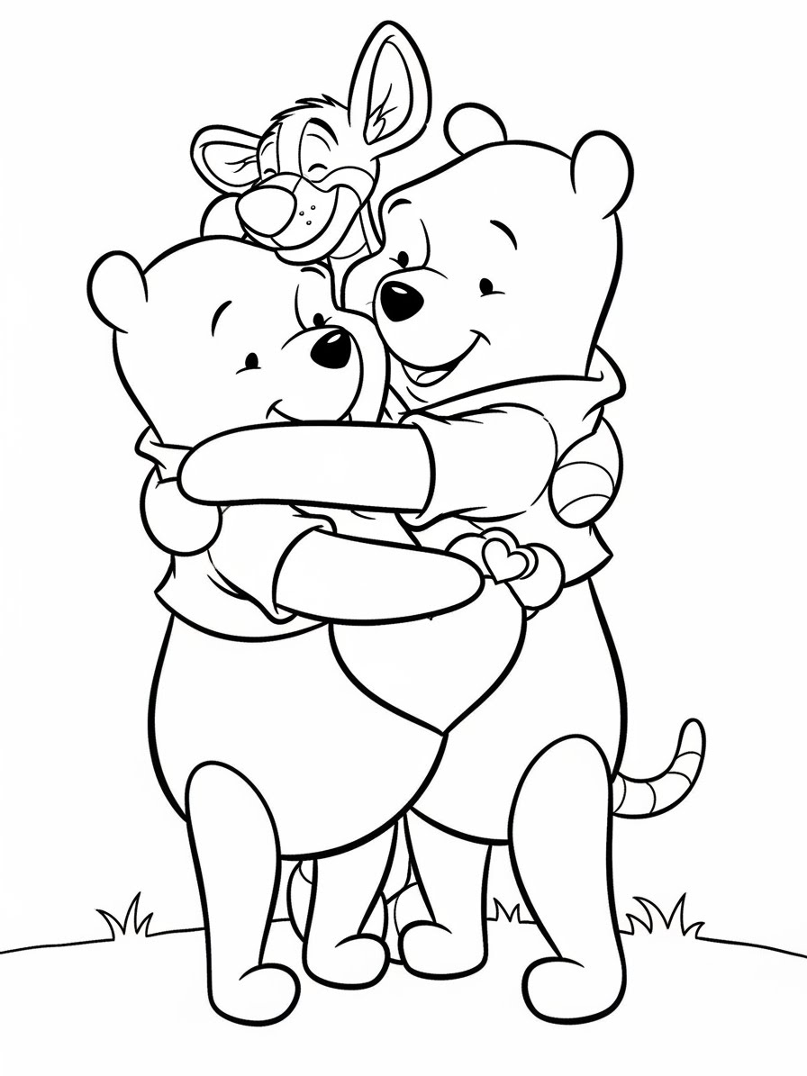 Desenho do Ursinho Pooh abraçando o Tigrão para colorir