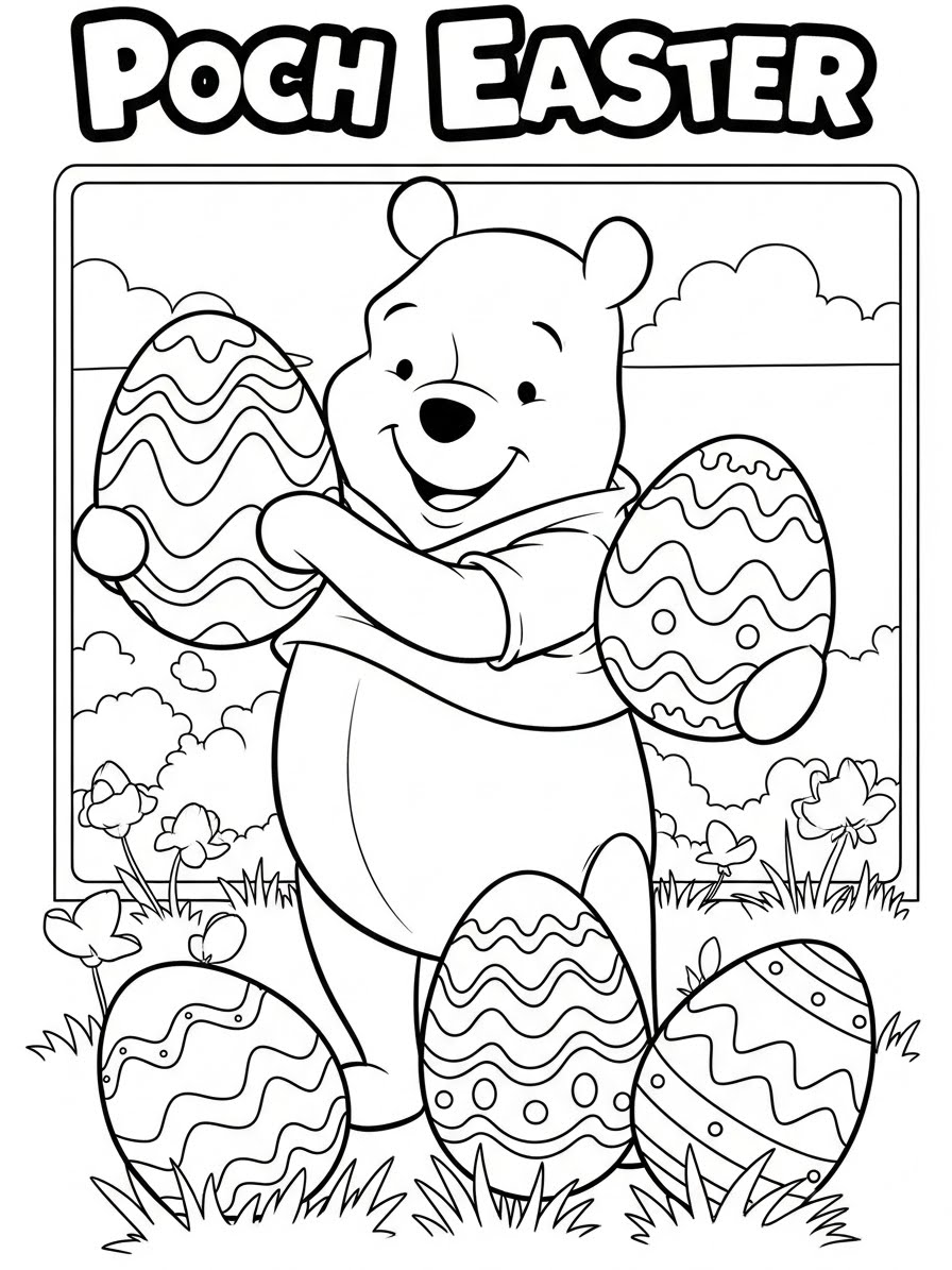 Desenho do Ursinho Pooh segurando ovos de Páscoa para colorir
