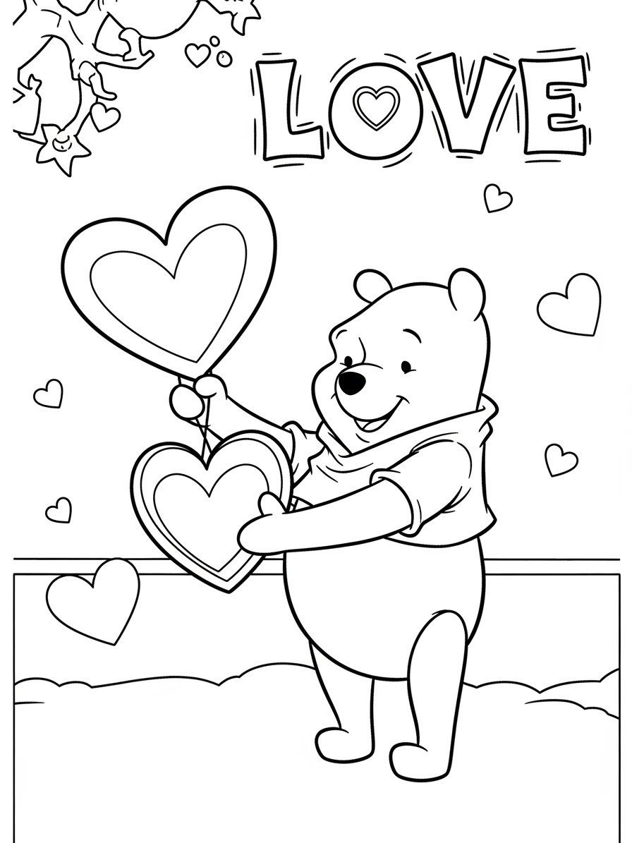 Desenho do Ursinho Pooh segurando corações para colorir