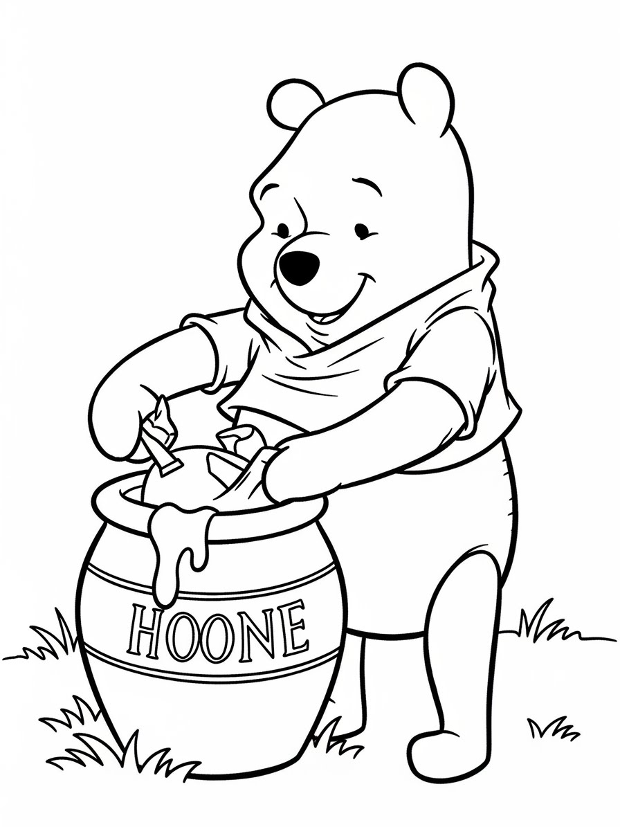 Desenho do Ursinho Pooh pegando miel em um pote para colorir