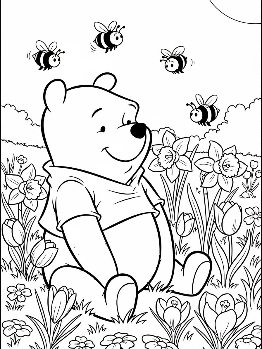 Desenho do Ursinho Pooh sentado entre flores para colorir
