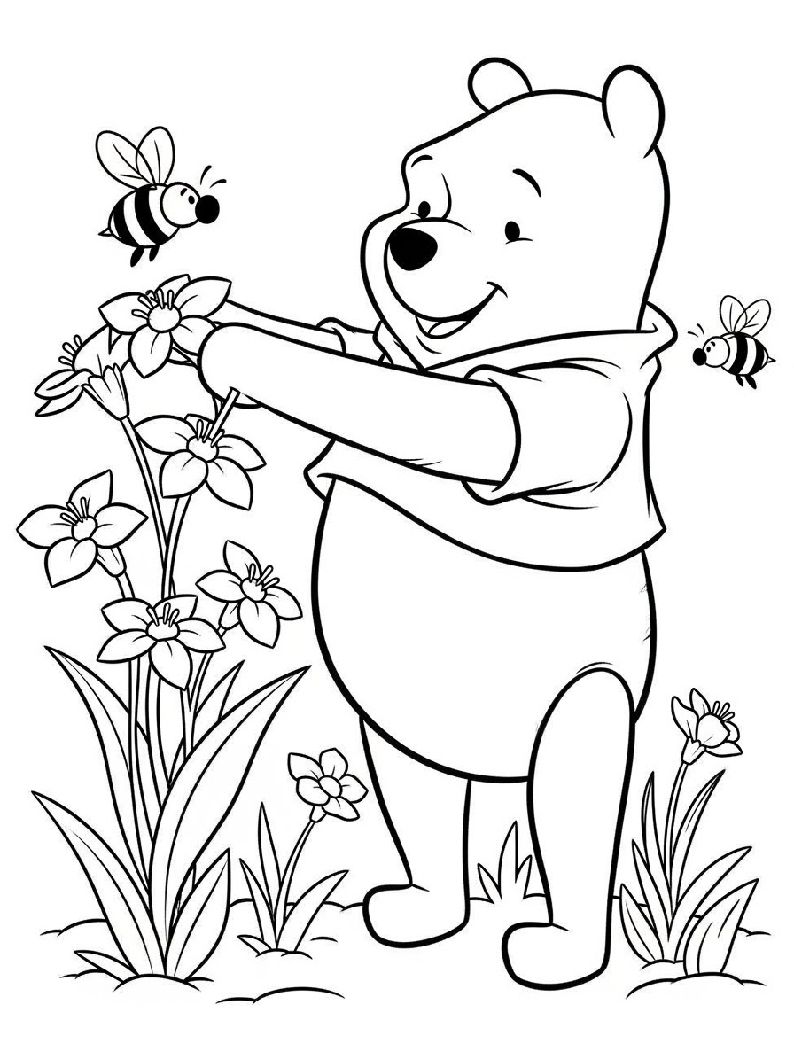 Desenho do Ursinho Pooh segurando flores para colorir