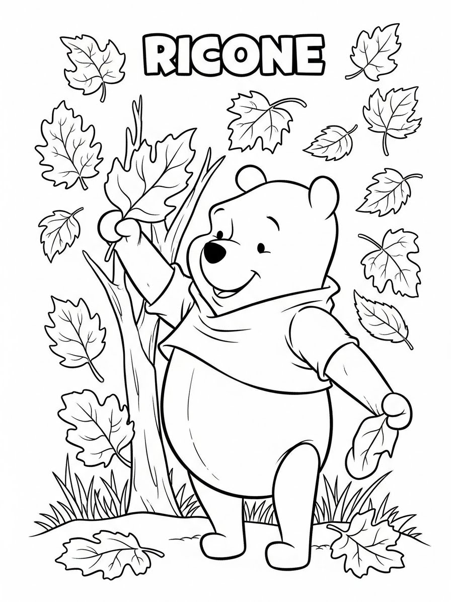 Desenho do Ursinho Pooh segurando folhas para colorir
