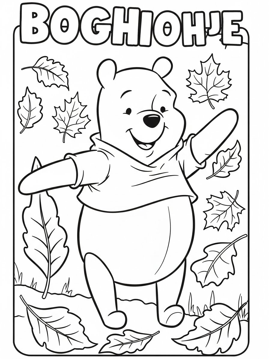 Desenho do Ursinho Pooh alegre entre folhas para colorir