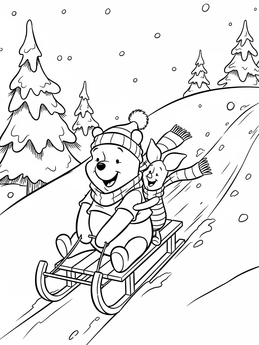 Desenho do Ursinho Pooh e Piglet brincando na neve para colorir