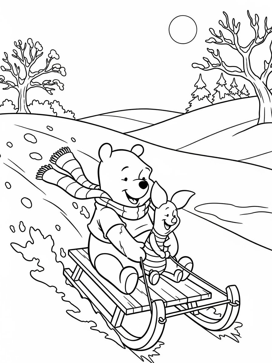 Desenho do Ursinho Pooh e Leitão descendo a ladeira para colorir