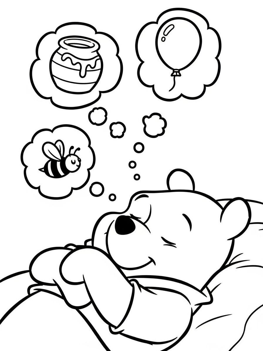 Desenho do Ursinho Pooh dormindo sonhando com mel e abelha