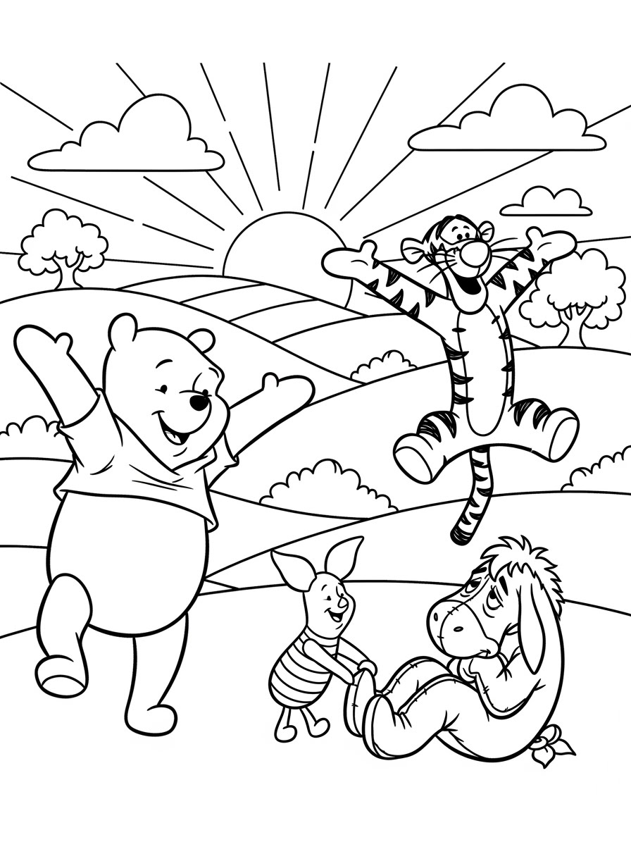 Desenho do Ursinho Pooh com amigos em um cenário divertido