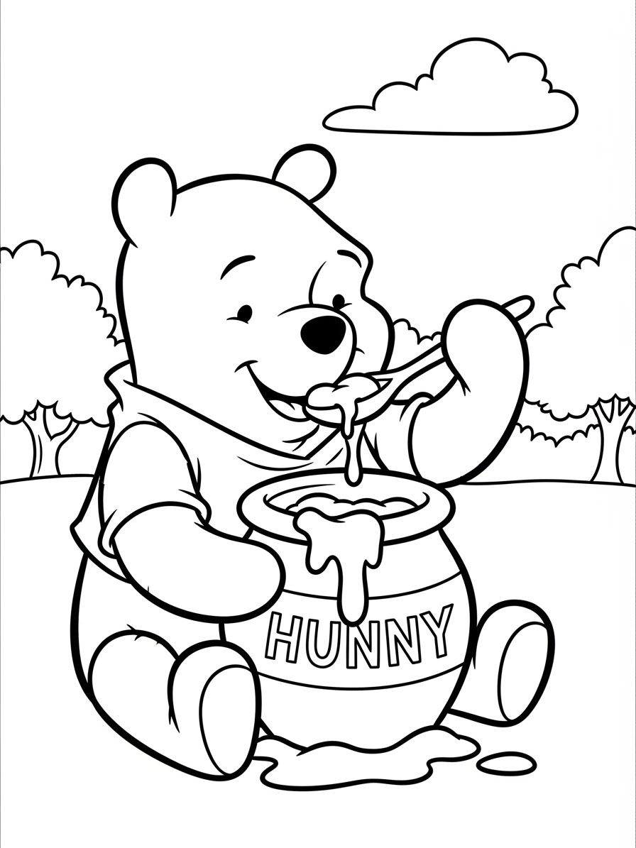 Desenho do Ursinho Pooh com pote de mel para colorir