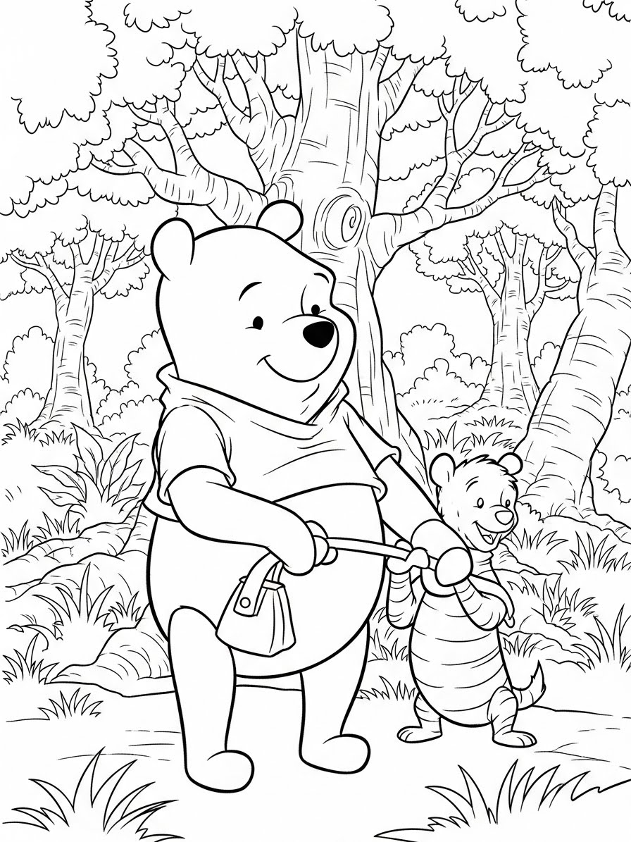 Desenho do Ursinho Pooh passeando com o Leitão para colorir
